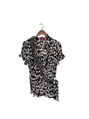 Black & White Polka Dot Wrap Blouse With Ruffle Trim Puff Short Sleeves XL